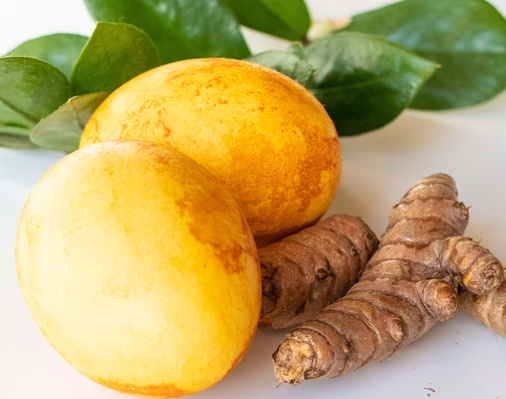 KI generiert: Gelbe Eier und Kurkuma-Knollen auf einem weißen Untergrund mit grünen Blättern im Hintergrund.