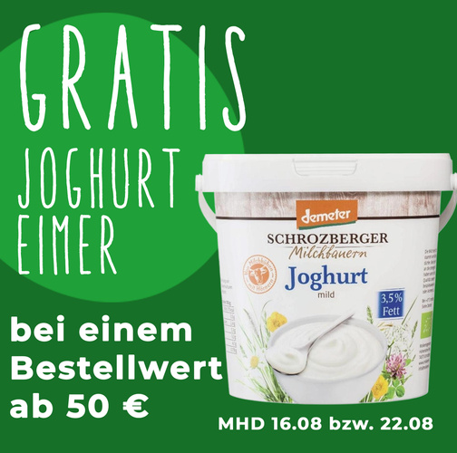 KI generiert: Ein Bild mit "Gratis Joghurteimer" Angebot ab 50€ Bestellwert. MHD: 16.08 bzw. 22.08.