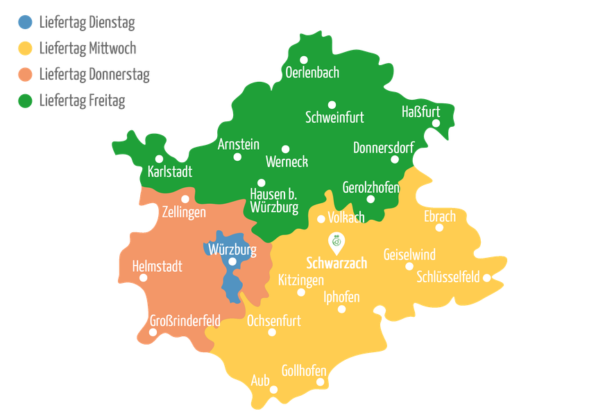 KI generiert: Karte mit Liefergebieten und -tagen in verschiedenen Farben markiert.