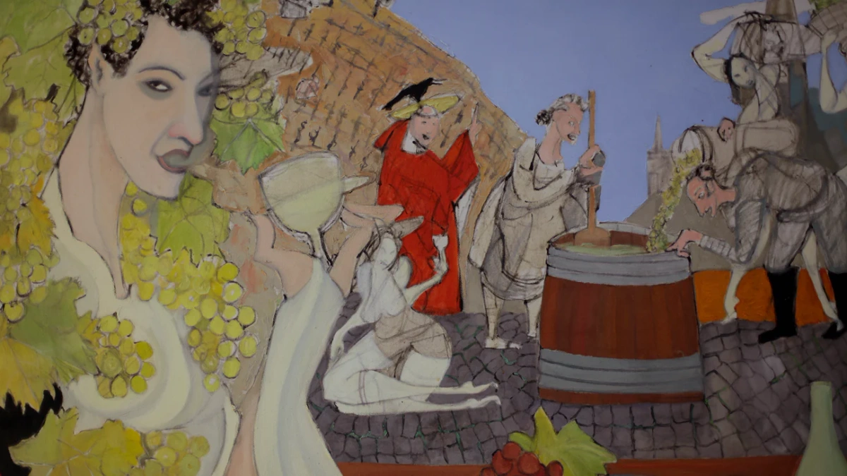 KI generiert: Historische Darstellung einer Weinlese mit Figuren beim Traubentreten und ein Bacchus mit Trauben im Haar.