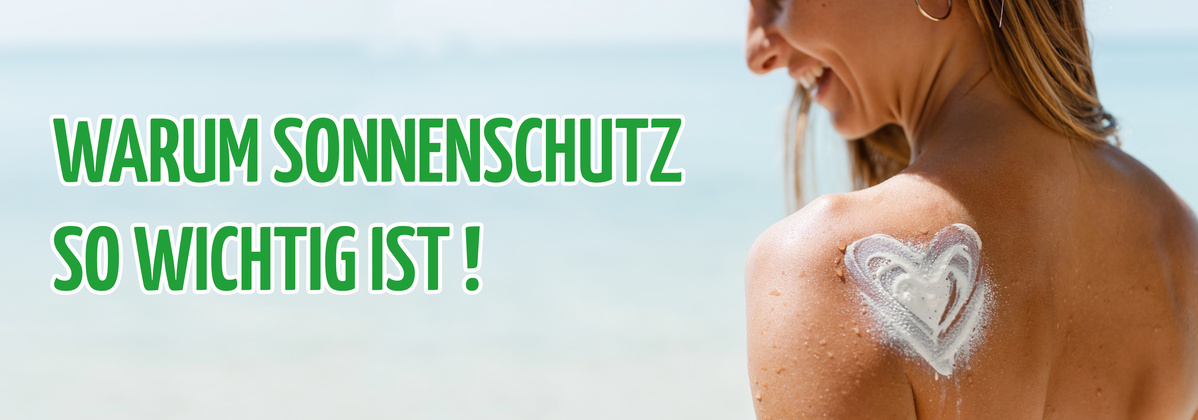 KI generiert: Frau am Strand mit Sonnencreme-Herz auf der Schulter. Text: "WARUM SONNENSCHUTZ SO WICHTIG IST!"