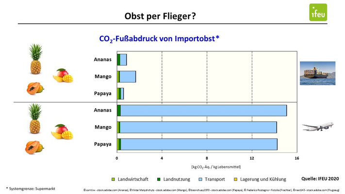 KI generiert: CO2-Fußabdruck von Ananas, Mango und Papaya beim Import; inklusive Landwirtschaft, Landnutzung, Transport.