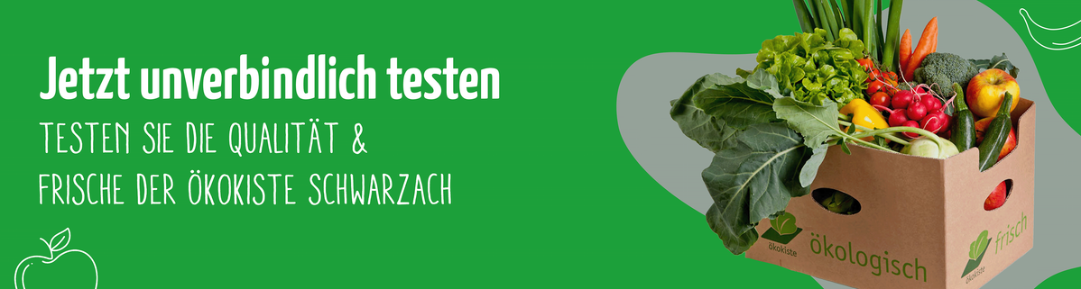 Das Bild zeigt eine grüne Kiste voller verschiedener Obstsorten, die von einer Person übergeben wird. Daneben steht der Text "Ökokiste verschenken" mit dem Hinweis, wie einfach und nachhaltig man Freude liefern kann.
