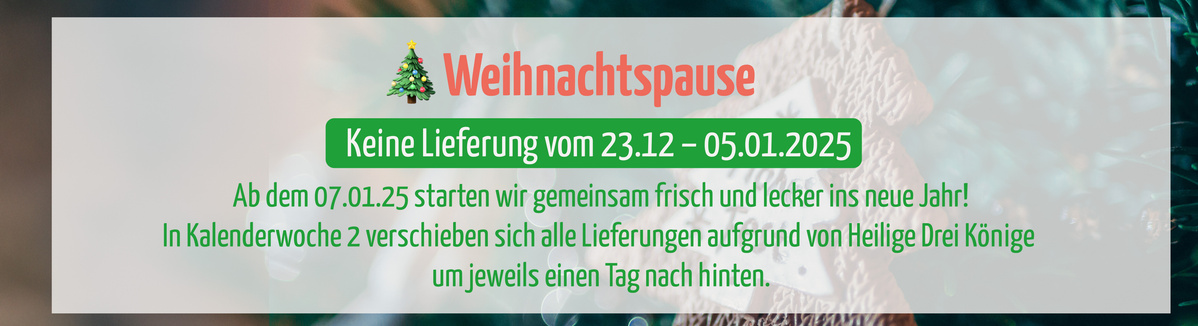KI generiert: Das Bild informiert über eine Weihnachtspause vom 23.12. bis 05.01.2025, in der keine Lieferungen stattfinden. Lieferungen verschieben sich in Kalenderwoche 2 aufgrund von Heilige Drei Könige um jeweils einen Tag.