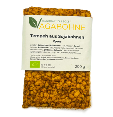 KI generiert: Verpackung von "Tempeh aus Sojabohnen, Gyros" der Marke "VAGABOHNE". 200g, EU-Bio-Logo.