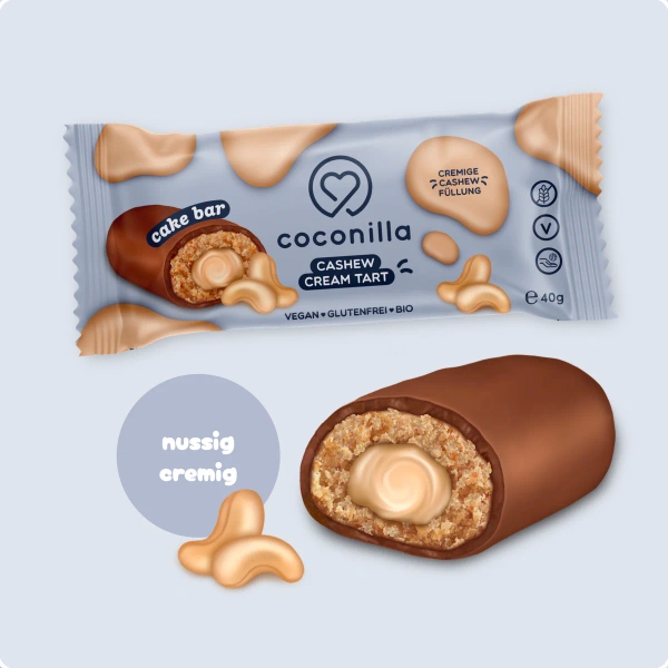 KI generiert: Verpackung und Riegel von "Coconilla Cashew Cream Tart". Text: "nussig cremig".
