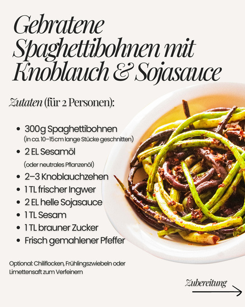 KI generiert: Gebratene Spaghettibohnen mit Knoblauch, Sojasauce und Rezeptzutaten für 2 Personen sind abgebildet.