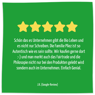 KI generiert: Bewertung mit 5 gelben Sternen und einem positiven Text über das nachhaltige Unternehmen. Text: "Schön das es Unternehmen gibt..."