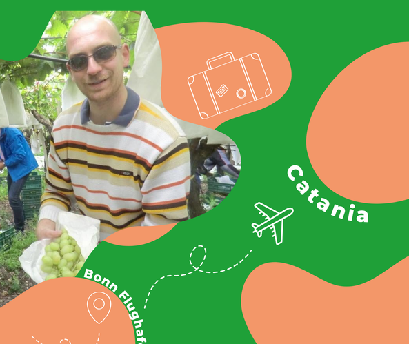 KI generiert: Mann mit Sonnenbrille hält grüne Trauben. Text: "Bonn Flughafen, Catania". Illustrationen von Koffer und Flugzeug.