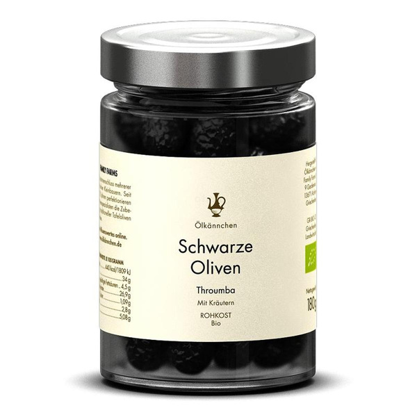 Produktfoto zu Schwarze Oliven Thrumba mit Kräutern (mit Stein)