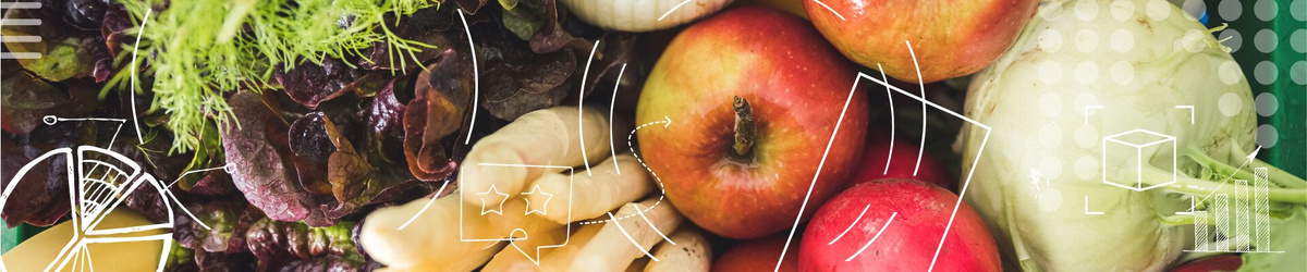 KI generiert: Verschiedene frische Früchte und Gemüse mit grafischen Zeichnungen.