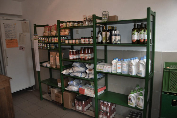 KI generiert: Grüne Regale mit Lebensmittelprodukten und Reinigungsmitteln in einem Laden oder Vorratsraum.