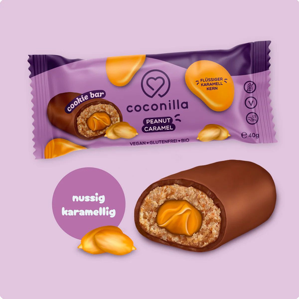 KI generiert: Verpackung und Riegel "coconilla peanut caramel" mit Karamellkern. Text: "flüssiger karamell kern", "nussig karamellig".