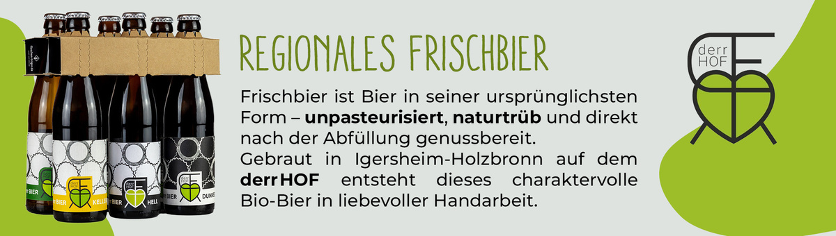 KI generiert: Flaschen Bier mit Text über regionales Frischbier und Bio-Bier vom derHOF in Igersheim-Holzbronn.