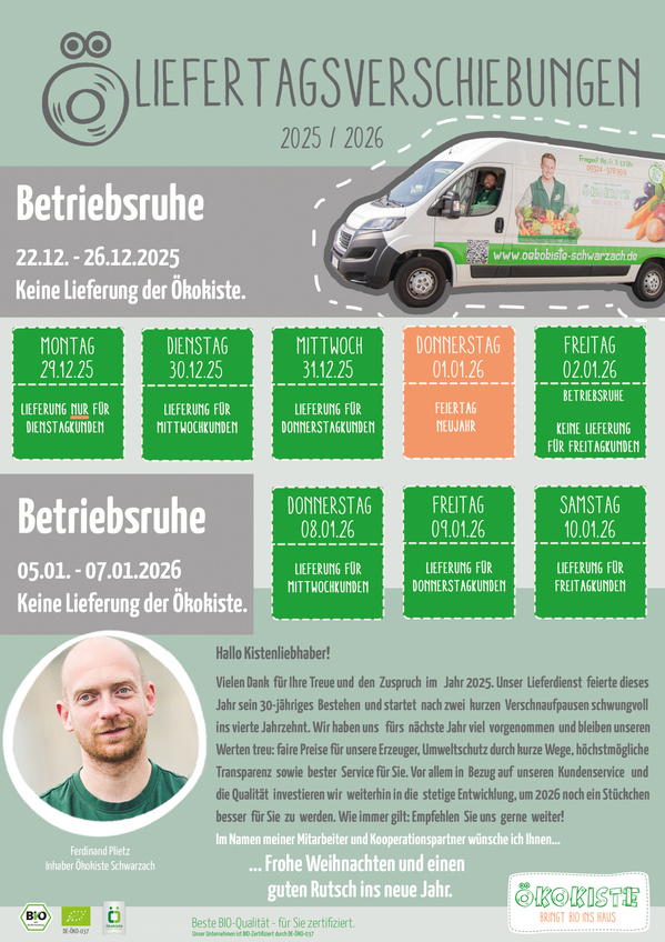 KI generiert: Das Bild informiert über Lieferpausen der Ökokiste 2025/2026. Enthält Liefertermine und Betriebsruhezeiten.