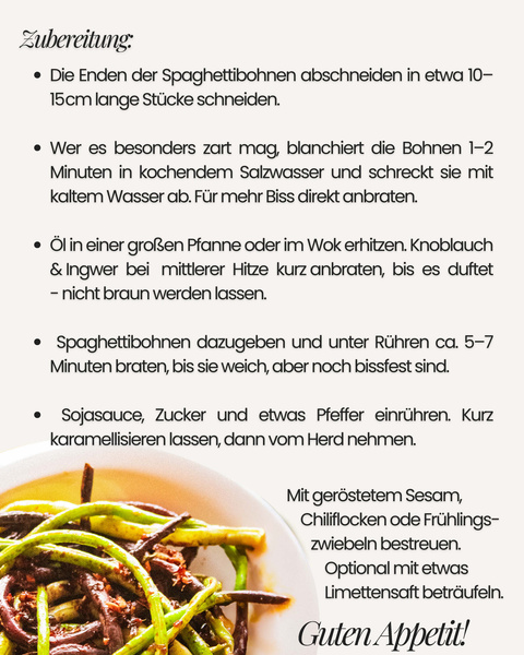 KI generiert: Bild zeigt Rezeptanleitung für gebratene Spaghettibohnen und ein Foto des fertigen Gerichts.