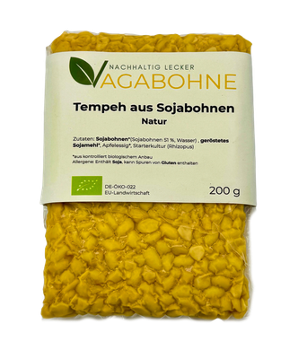 KI generiert: Verpackung von Tempeh aus Sojabohnen der Marke „VAGABOHNE“, 200 g, mit Zutaten und Bio-Siegel.