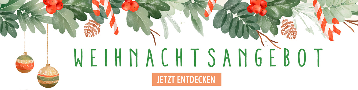 KI generiert: Weihnachtliche Dekoration mit dem Text "WEIHNACHTSANGEBOT" und "JETZT ENTDECKEN".