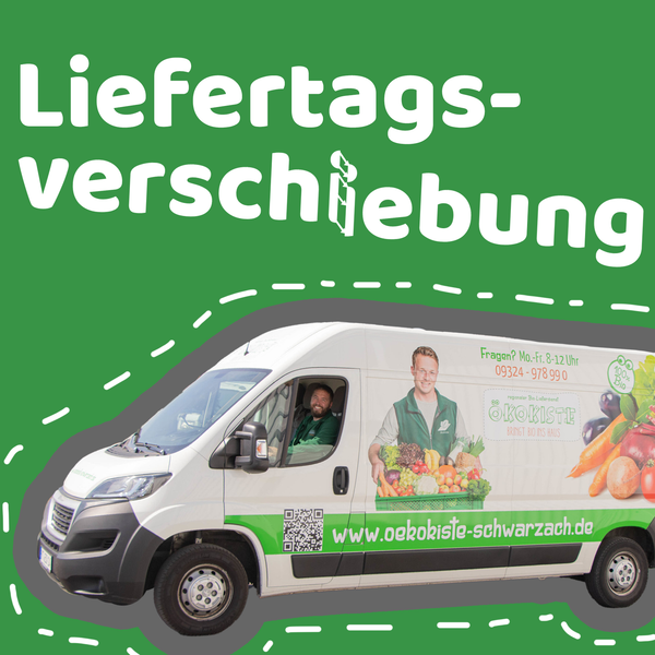 KI generiert: Das Bild zeigt einen Lieferwagen der Marke "Ökokiste", der mit Gemüse und einem Mitarbeiter abgebildet ist. Der Text "Liefertagsverschiebung" deutet auf eine Veränderung im Lieferplan hin.