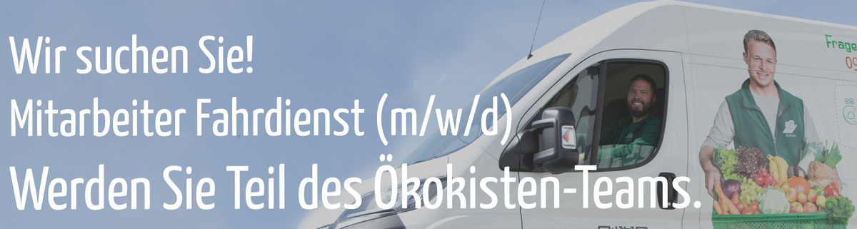 KI generiert: Ein Lieferwagen mit einem Jobangebot: "Wir suchen Sie! Mitarbeiter Fahrdienst (m/w/d). Werden Sie Teil des Ökokisten-Teams."