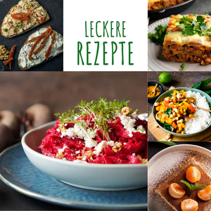 KI generiert: Das Bild zeigt vier verschiedene Gerichte, darunter Kürbis-Curry, Lauch-Frischkäserouladen mit Paprikasoße, Schwarzwurzelsuppe mit Topping und Gnocchi Caprese. Alle Gerichte sind als einfach zu kochen gekennzeichnet.