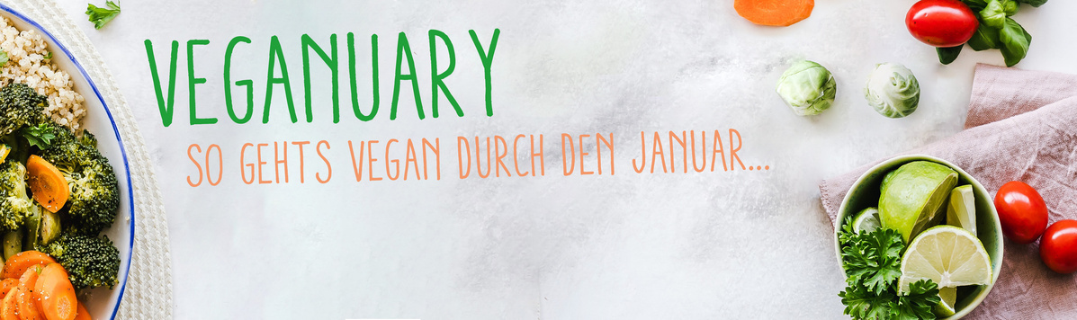 KI generiert: Bunte Gemüsegerichte und Text "VEGANUARY: So geht's vegan durch den Januar..."