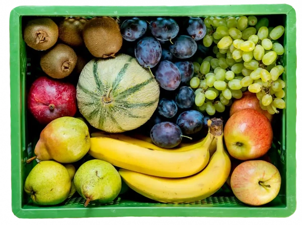 Grüne Kiste mit Blumenkohl, Fenchel, Aubergine, Rote Beete, Weißkraut, Karotten, Lauch und roter Paprika