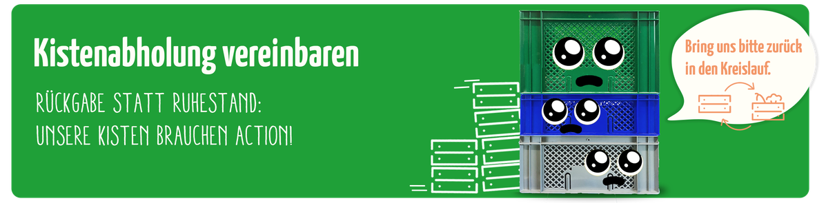 KI generiert: Das Bild zeigt einen Stapel animierter Kisten mit Gesichtern, die darum bitten, in den Kreislauf zurückgegeben zu werden. Der Text fordert zur Vereinbarung einer Kistenabholung auf.
