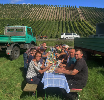 KI generiert: Eine Gruppe von Menschen isst gemeinsam an einem Tisch in einem Weinberg.