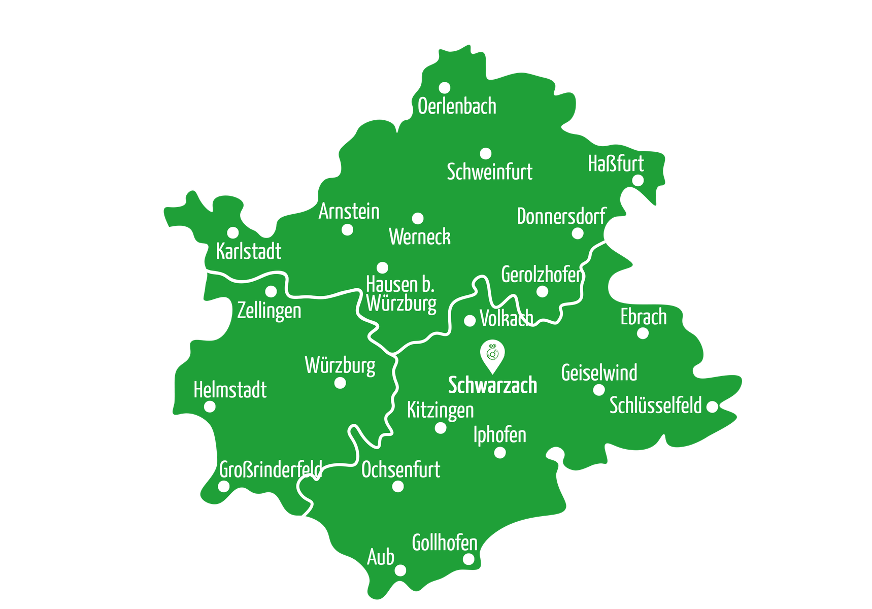 KI generiert: Eine grüne Karte mit Städtenamen in einer Region um Schwarzenau.