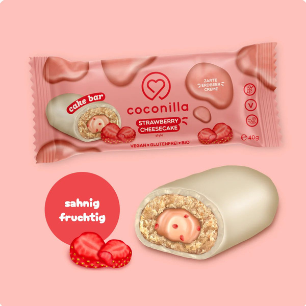 KI generiert: Vegane Coconilla Cake Bar, Strawberry Cheesecake Style, sahnig-fruchtig, glutenfrei, bio, 40g.