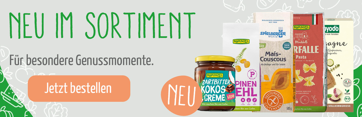 KI generiert: Produkteinführung: Zartbitter-Kokoscreme, Mais-Couscous, Spaghetti. "NEU IM SORTIMENT", "Jetzt bestellen".