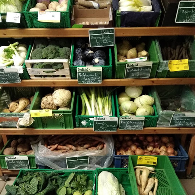 KI generiert: Ein Regal mit verschiedenen Bio-Gemüsesorten und Preisschildern.