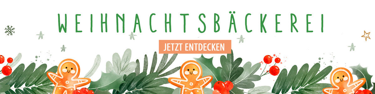 KI generiert: Weihnachtliches Design mit Lebkuchenmännern und Grünpflanzen. Text: "WEIHNACHTSBÄCKEREI JETZT ENTDECKEN".