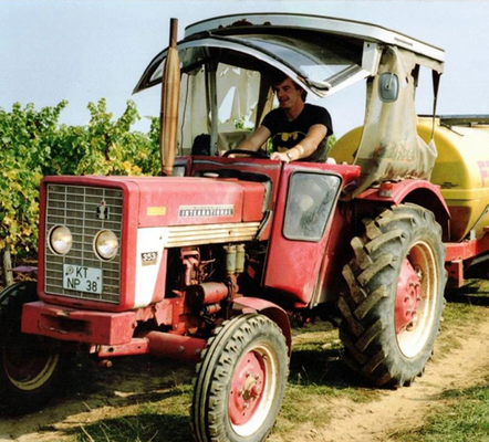 KI generiert: Roter Traktor in einem Weinberg mit Fahrer. Text: "International Harvester 353".