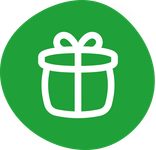 Das Bild zeigt ein einfaches Icon eines Geschenks mit Schleife, dargestellt in Weiß auf einem grünen Hintergrund.