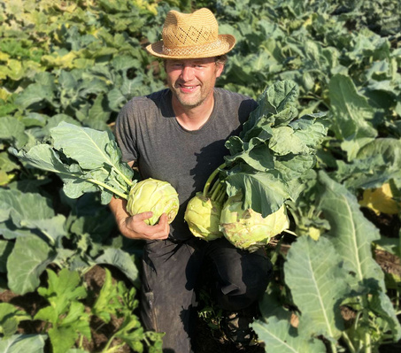 KI generiert: Ein Mann mit Strohhut hält Kohlrabi in einem Feld.