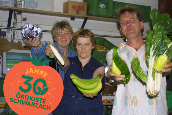 KI generiert: Drei Personen halten verschiedene Gemüsesorten. Text: "30 Jahre Ökokiste Schwarzach".