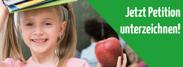 KI generiert: Ein Mädchen hält Bücher und einen Apfel. Text: „Jetzt Petition unterzeichnen!“