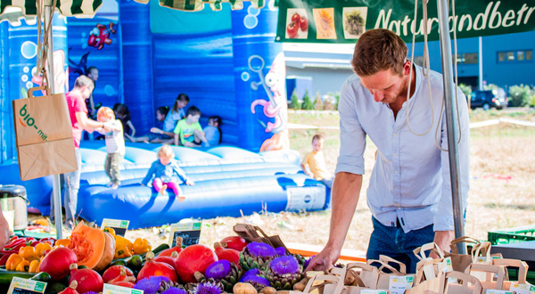 KI generiert: Ein Marktstand mit frischem Obst, Gemüse und einer Hüpfburg im Hintergrund. Text: "Naturlandbetr... bio mit".