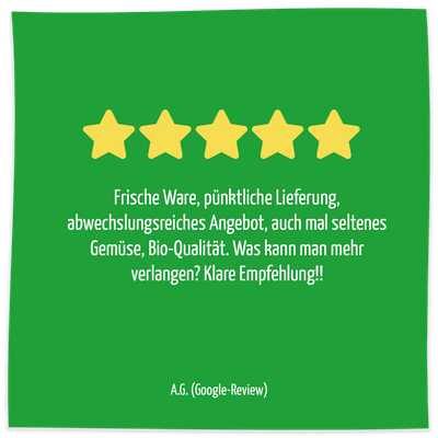 KI generiert: Fünf gelbe Sterne über einer positiven Google-Rezension zu frischen Bio-Lebensmitteln und pünktlicher Lieferung.