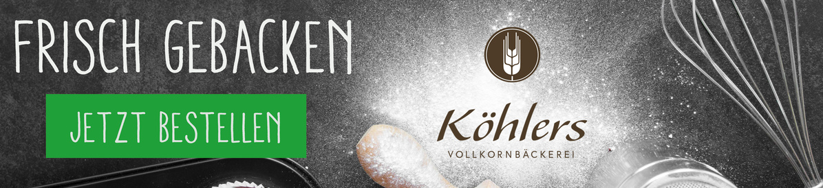 KI generiert: Backzutaten mit Text: „FRISCH GEBACKEN. JETZT BESTELLEN. Köhlers Vollkornbäckerei“.
