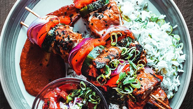 Rezeptbild für Tofu-Gemüsespiese mit Reis