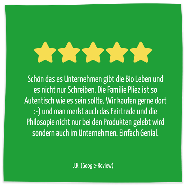 KI generiert: Bewertung mit 5 gelben Sternen und einem positiven Text über das nachhaltige Unternehmen. Text: "Schön das es Unternehmen gibt..."
